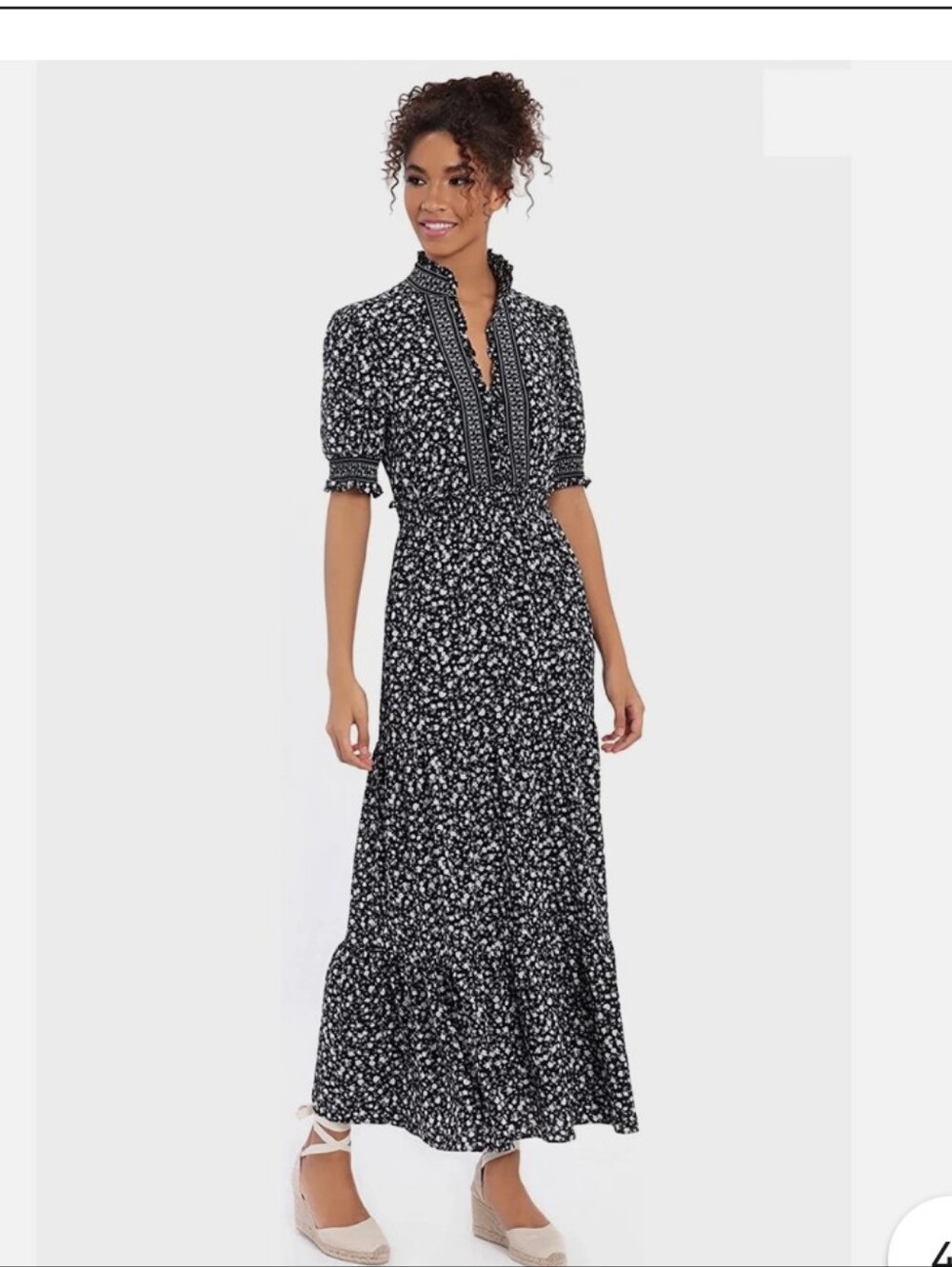 London Times Black & White Floral Midi Dress with Smocked Waist